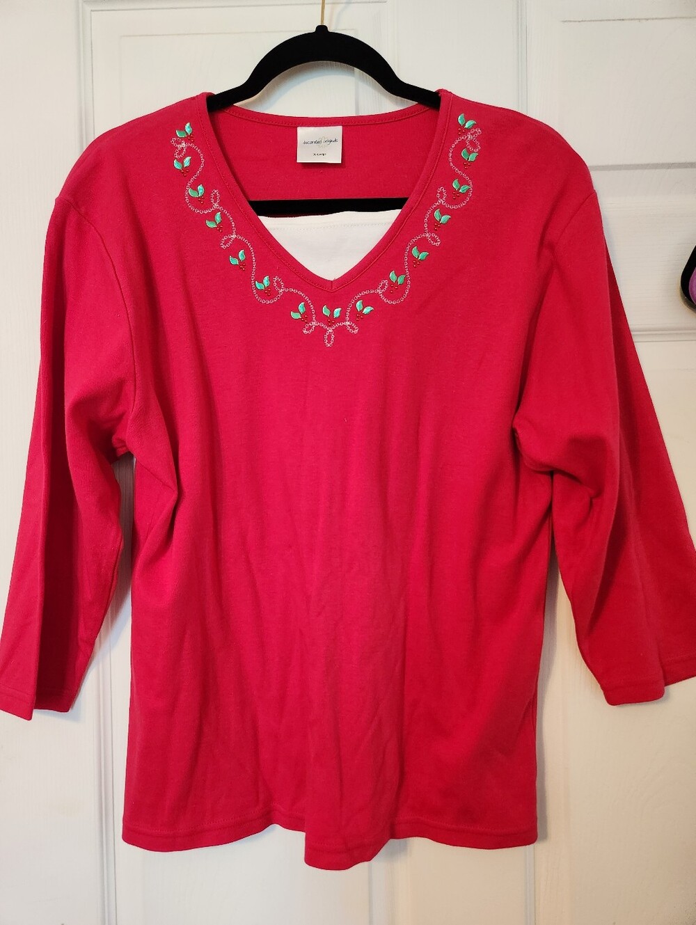 Decorated Angels,  Women’s Embroidered V-Neck Top red with holly ,sz xl